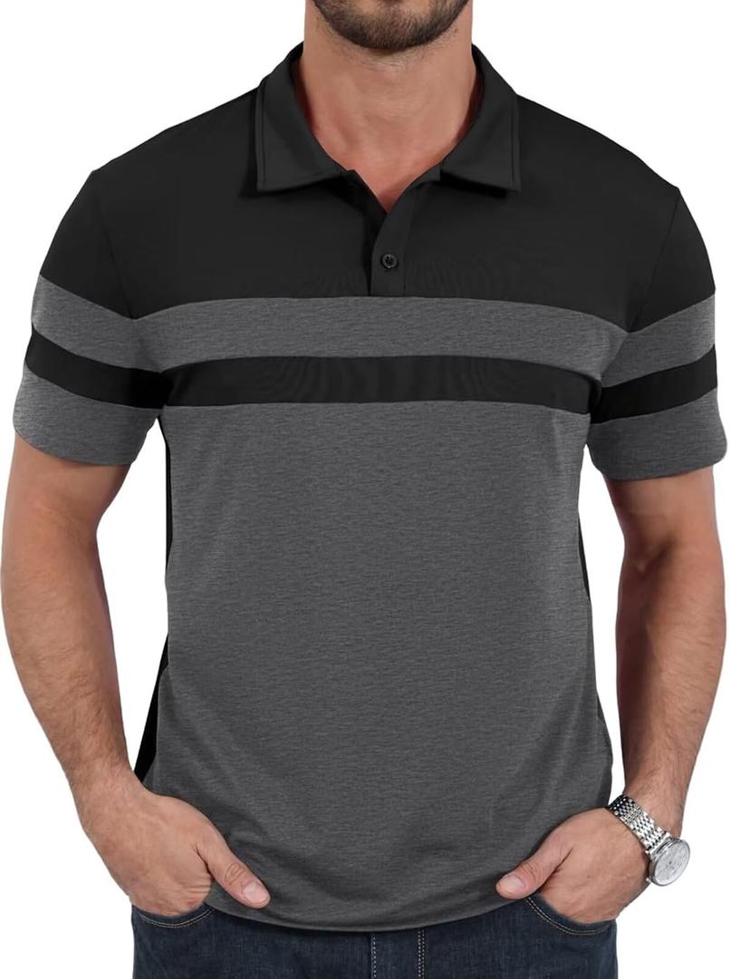 Mens Polo Shirts Short Sleeve Color Block T Shirt Summer Lightweight Casual Golf Shirts (Black, M)