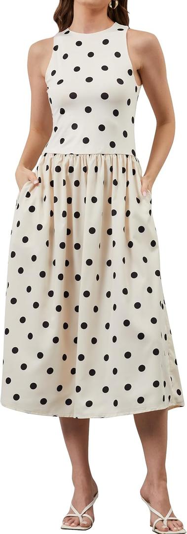 Women Summer Sleeveless Midi Dress Casual High Neck Patchwork Tank Sundress Flowy Boho A Line Dress with Pockets (Medium, White Polka Dot)
