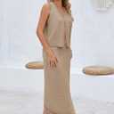 Pink Queen Women's Summer 2 Piece Outfit Set V Neck Button Crop Tank Top Vest Bodycon Maxi Long Skirt Waffle Knit Dress (Beige, L)