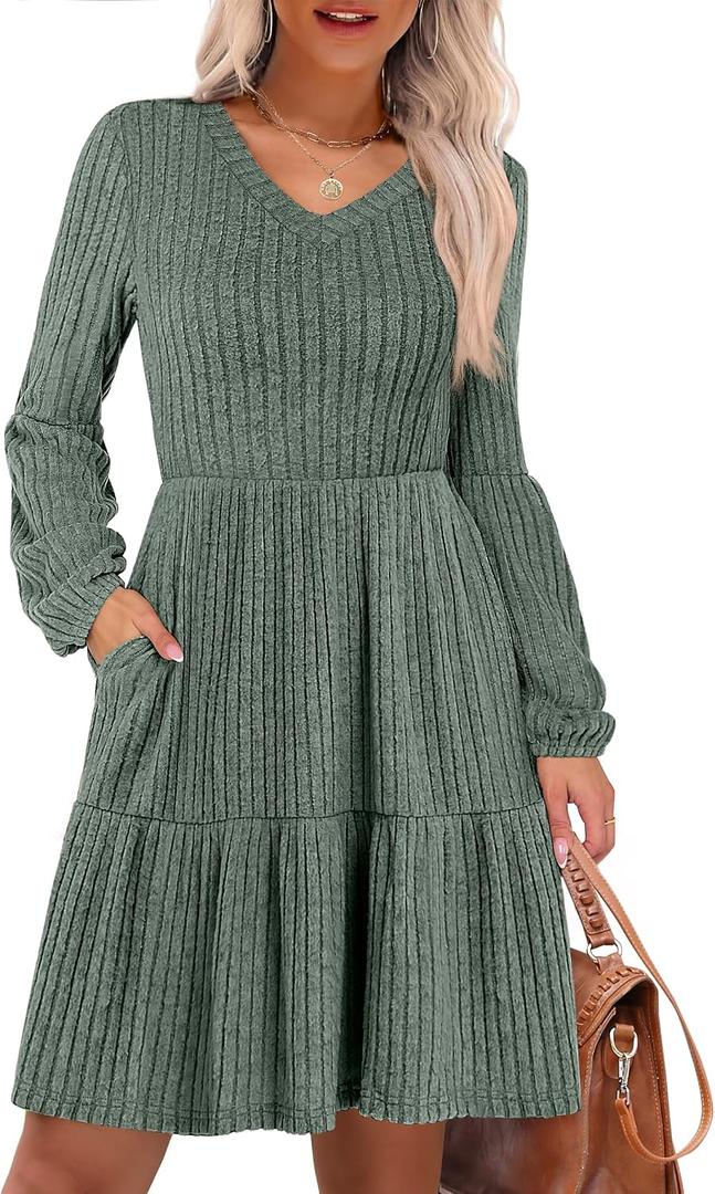 ANRABESS Women's Long Lantern Sleeve Ribbed Knit Dresses V Neck Casual 2026 Fall Winter Flowy Swing Tunic Sweater Short Dress (Green, S)