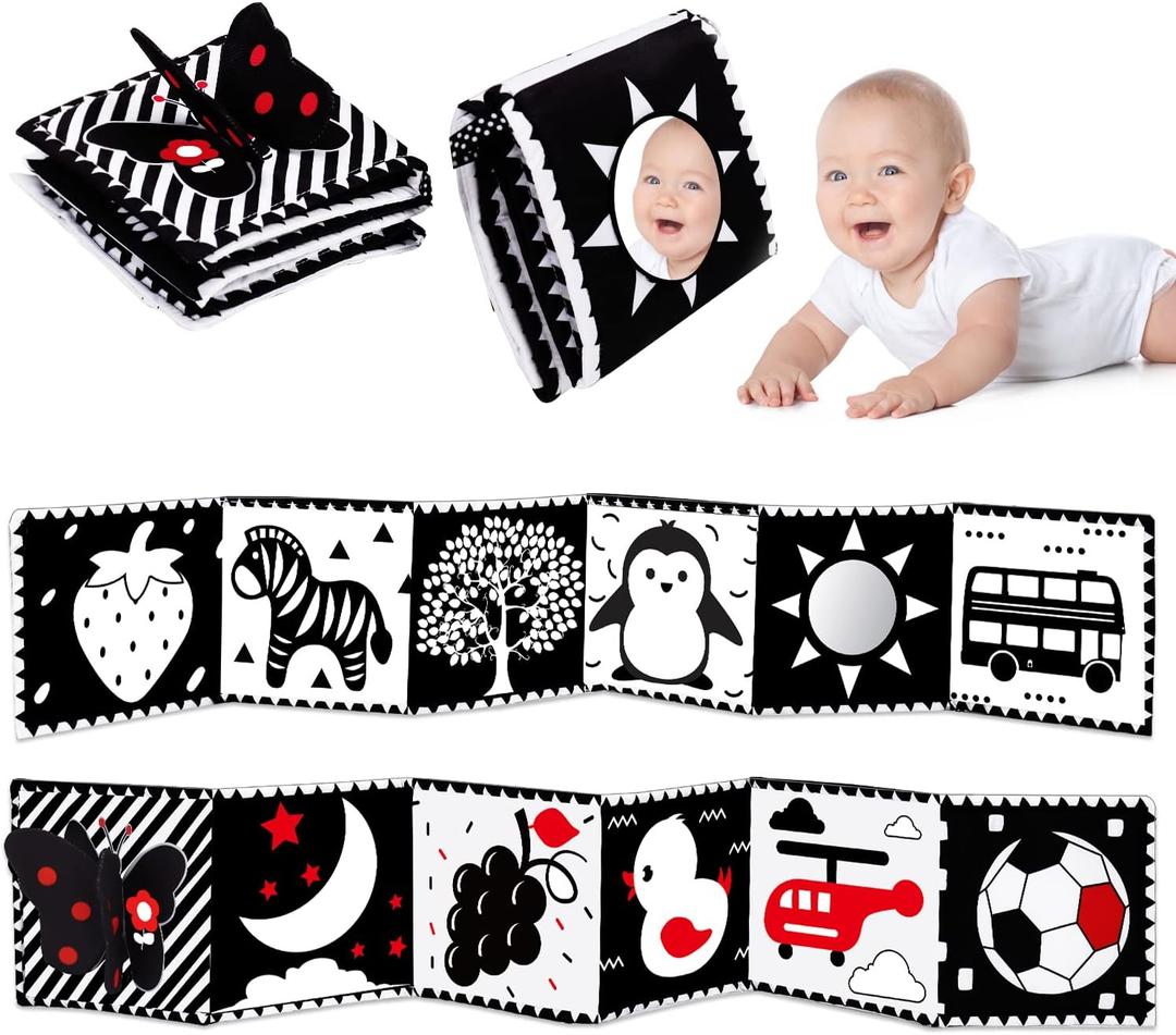 Black and White High Contrast Toys for Baby 0-3 3-6 months Infant Tummy Time Soft Crinkle Book Mirror Sensory Toys 0 2 4 5 6 Month Old Babies Boy Gril Newborn Development Christmas Stocking Stuffer