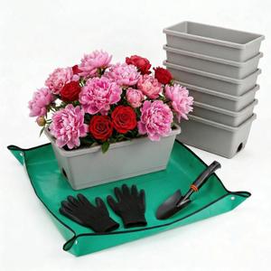 Light Gray Window Box Planters, 7 Pack Rectangular Plastic Flower Planters Boxes with Saucers, 17 Inches Vegetable Planting Pots for Indoor Outdoor Garden, Patio, Windowsill, Home Decor