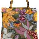 Sequin Embroidered Floral Tote for Women Beach Bag with Bamboo Handle Summer Shoulder Handbag for Vacation Daily Use