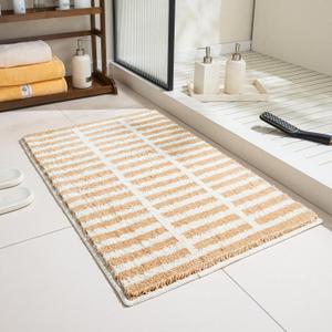 GIB Tan Brown Striped Bathroom Rug Mat 32" x 20", Extra Soft Absorbent Non-Slip Washable Plush Fluffy Shaggy Microfiber Bath Mat for Bathroom Floor, Aesthetic Small Bedroom Rug