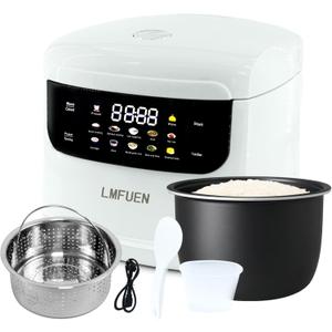 Portable Mini Stainless Steel Low Carb Rice Cooker,2L,6 Cups Cooked/3 Cups Uncooked,400W Non-Stick Rice Maker, 24 hours Timer Delay,10 Functions, Fast Cooker,Auto Keep Warm,White (Black inner pot)