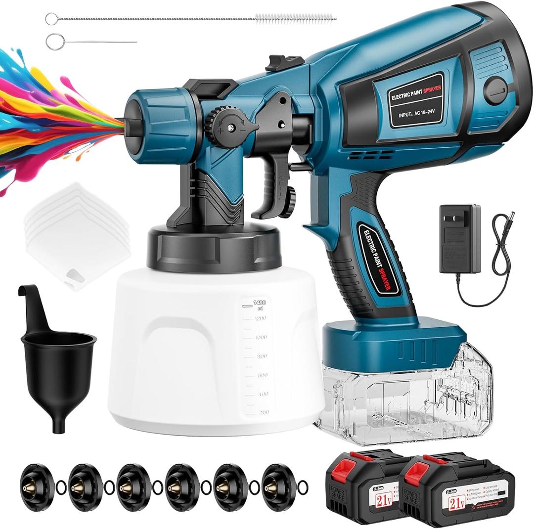 Paint Sprayer, 650W Cordless Spray Paint Gun with Battery 2  4.0mAh, 6 Brass Nozzles & 1400ML (47 fl.oz) Container, Paint Sprayer for House Painting Graffiti Wall Fence Furniture DIY Projects (Blue)