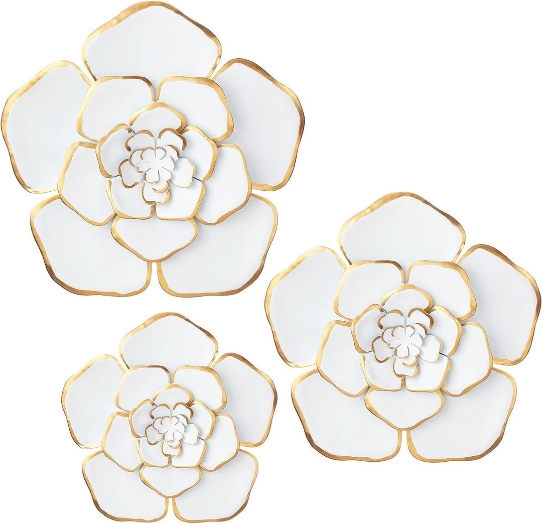 Chuangdi 3 Pieces Large Wall Metal Flowers Multiple Layer Home Decoration for Indoor Outdoor Home Garden Office Living Room Garden Porch Patio (White and Gold,Assorted Sizes)