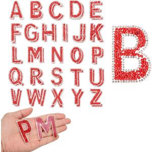 uxcell 52pcs Rhinestone Iron on Letter Patches, A-Z Self Adhesive Glittery Rhinestone Alphabet Letter Sticker Appliques for DIY Jackets Hats Clothes Backpack, Red