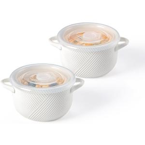 French Onion Soup Bowls: 24 oz Ceramic Soup Crocks with Handles & Silicone Lids - Microwave Safe Containers for Ramen Cereal Breakfast Meal Prep Office Lunch, Set of 2, 5 inch, White
