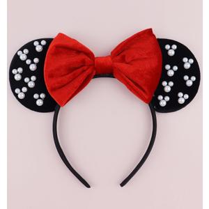 Mouse Ears Headband with Pearl, Black and Red Velvet Mouse Headbands for Halloween Costume Party, Hair Accessories for Women -Black&Red Pearl