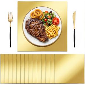 100 PCS Disposable Paper Placemats, GOH DODD 13" Thicken Mirrored Charger Plates Table Decoration Place Mats for Dinning Kitchen Bridal Shower Baby Shower Banquet Birthday Party Wedding, Square, Gold