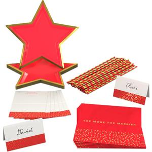 Crayola Color Pop Scarlet Red and Gold Star Party Supplies (12 Paper Plates, 12 Paper Straws, 12 Place cards, 24 Napkins) for Birthdays, Christmas, Graduations, Fourth of July (5CLP1013)