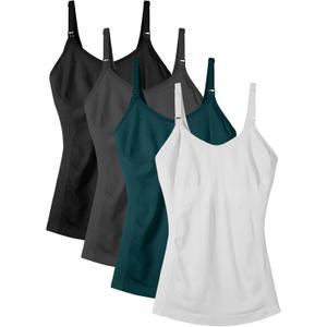 Women's Maternity Nursing Tank Tops with Built in Bra for Breastfeeding Camisoles Shirt 4Pack (Medium, 1black 1white 1grey 1green)