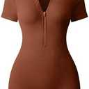 OQQ Women Rompers Ribbed Short Sleeve Zip Front Stretch Tummy Control Yoga Workout Rompers, Small