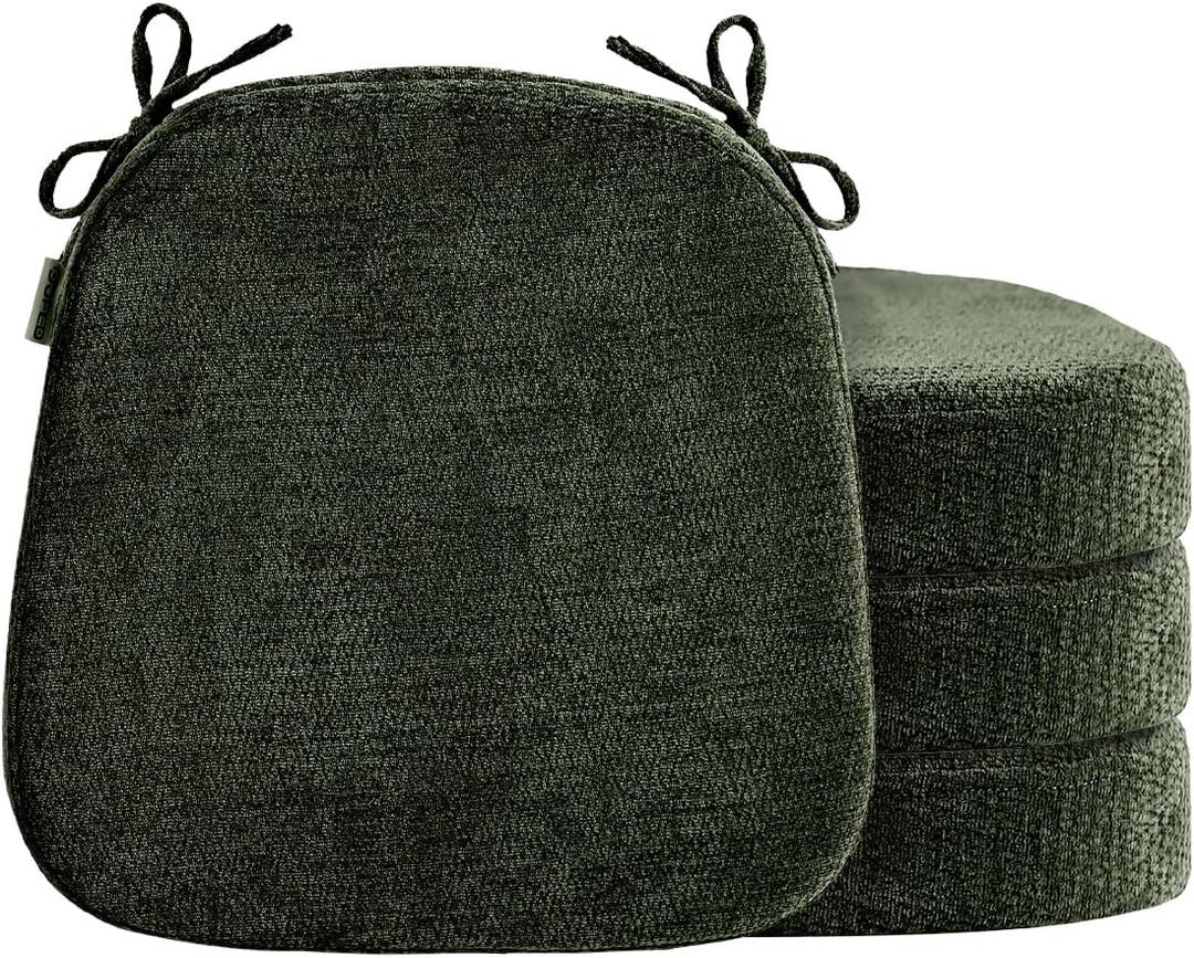 D-Shaped Chair Cushions for Dining Chairs, 2.5 Thick Chair Pads with Washable Comfortable Textured Cover, Non Slip Kitchen Chair Cushions with Ties, 16.5" x 16.5", 4 Pack, Green