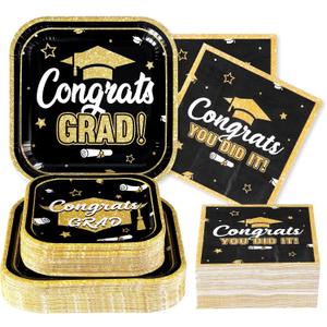 200 Pcs Graduation Party Decorations 2026 Black Gold Graduation Plates and Napkins Disposable Square Paper Plates Congrats Grad Tableware Set for Class of 2026 College High School Prom Party Serves 50