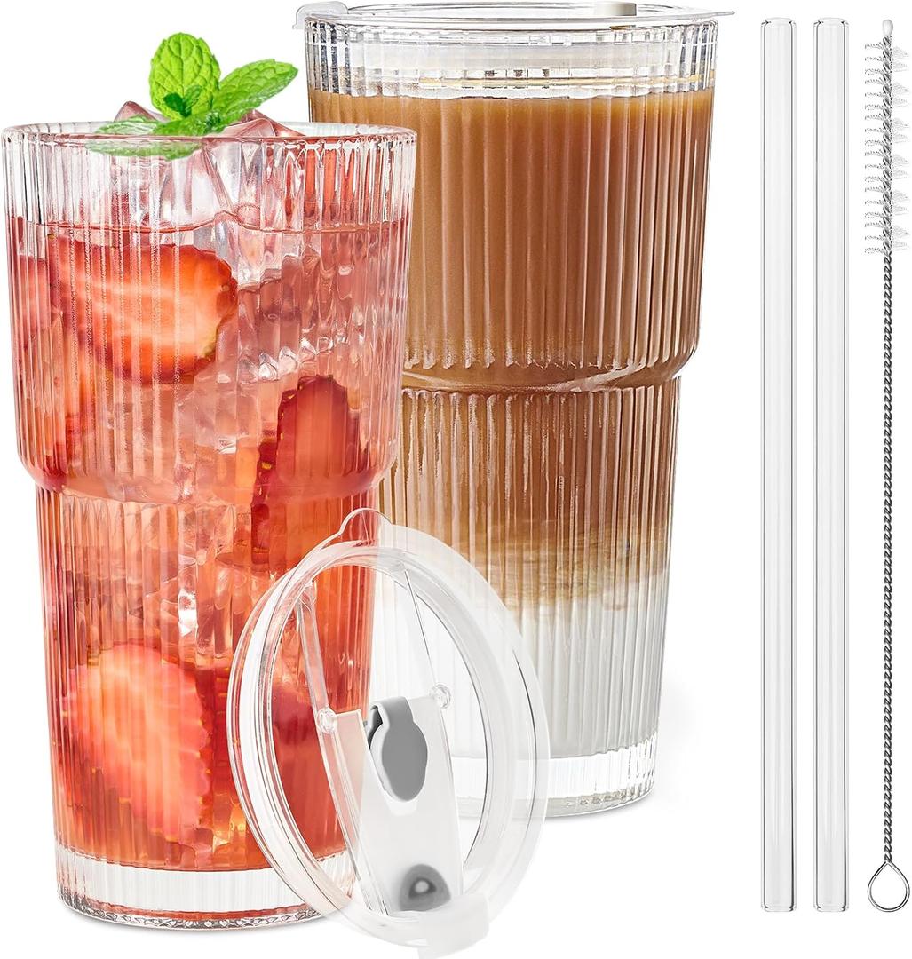 TUZAZO 20 Oz Glass Tumblers with Lids and Straws - 2 Pack Ribbed Glass Iced Coffee Cup with Straw and Lid, Thicken Glasses, Ideal for Smoothieds, Cocktails, and Juices