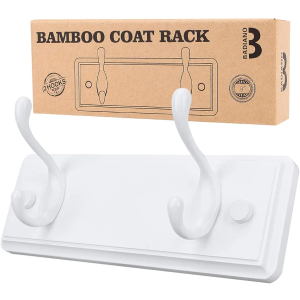Wooden Coat Rack, Wall-Mounted Organizer for Closet, Entryway, Hallway, Foyer, Bedroom, Heavy Duty Double Hooks for Hanging Towels, Bags, Hats, Jackets, Key (White, 2 Hooks)
