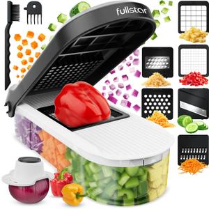 Fullstar Mandoline Slicer for Kitchen - Vegetable Chopper, Onion Potato Food Veggie Fruit Slicer and Cutter with Container, Kitchen Gadgets & Gifts, Home Essentials (6-in-1, White/Black)