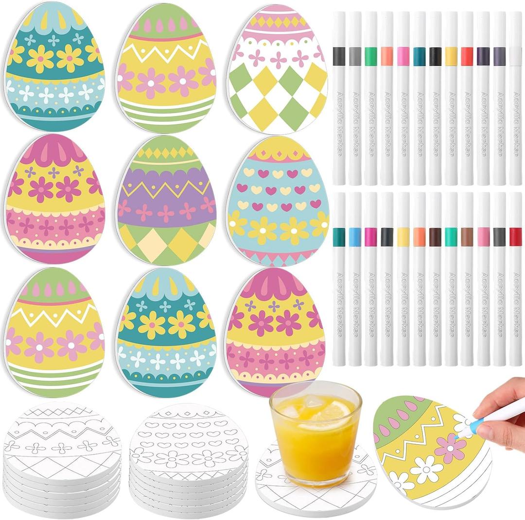LemonRoad 18 Pcs Ceramic Easter Egg Coasters Crafts to Paint DIY Color Your Own Painting Egg Coasters with Cork Base and 24 Markers Absorbent for Spring Easter Holiday Party Table Decoration