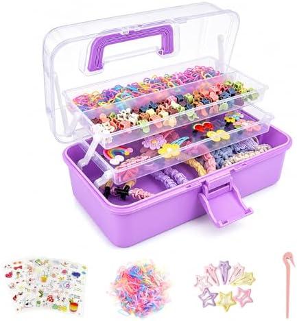 Flytreal Hair Accessories Organizer for Girls, 3 Tier Hair Supplies Storage Box with Handle, Plastic Craft Organizer Case for Hair Ties, Clips, Hair Bows, Brushes, Sewing, Art Supplies (Purple)