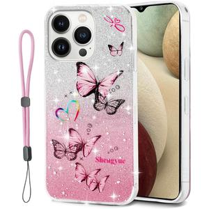 Designed for iPhone 14 Pro Max Case Cute Sparkling Garden Butterfly Soft TPU Shockproof Design for Teen Girls 6.7 inch (Pink)