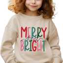 Merry and Bright Sweatshirt Kid Boy Girl Christmas Letter Print Pullover Crewneck Long Sleeve Shirt Tops 6-11 Years (8-9 Years, Apricot)
