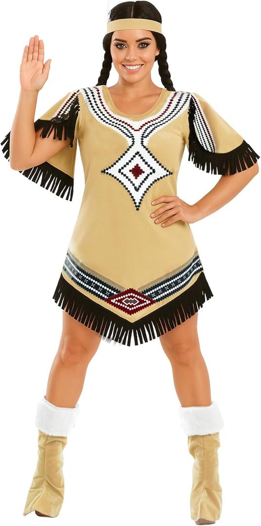 fun shack Native American Costume Women, Native American Dress for Women, Warrior Princess Costume Women (Medium, White)