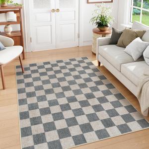 Machine Washable 5x7 Area Rugs for Living Room Checkered, Non Slip Soft Low Pile Geometric Modern Neutral Playroom Rugs for Bedroom Indoor, Large Carpet Rugs for Dining Room Kitchen(Grey, 5'x7')