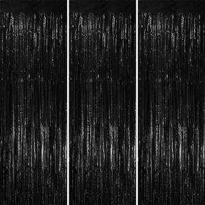 3 Pack 3.3x8.2 Feet Black Foil Fringe Backdrop Curtains, Tinsel Streamers Birthday Party Decorations, Fringe Backdrop for Graduation, New Years, Halloween, Disco Party
