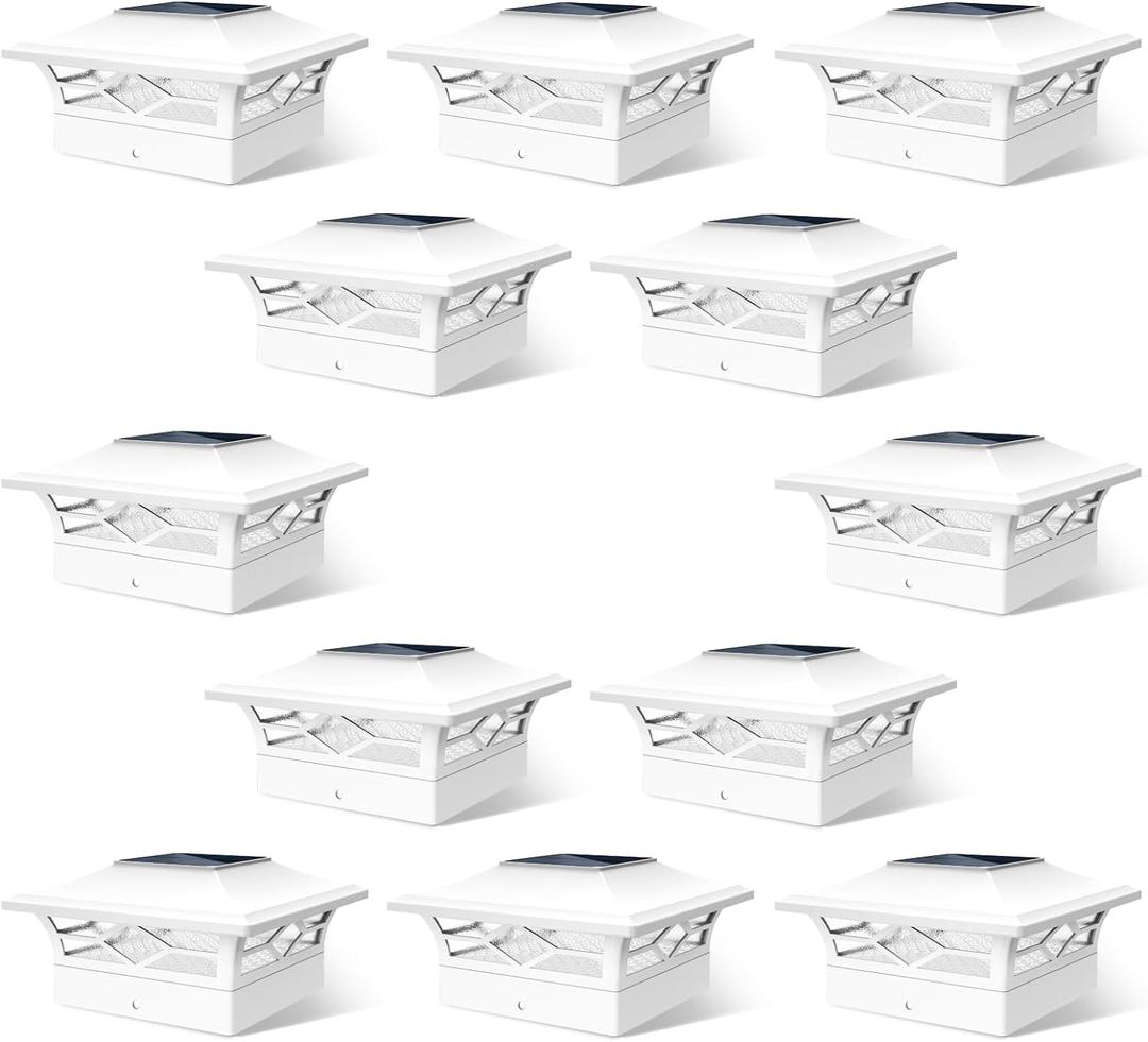 Solar Fence Post Lights, Cap Lights for 4x4/5x5 Vinyl Fence and 4x4/6x6 Wooden Post, Warm White/Cool White Lighting, White Solar Cap Outdoor Waterproof Decorate Garden Pathway Dcek Patio (12pack)
