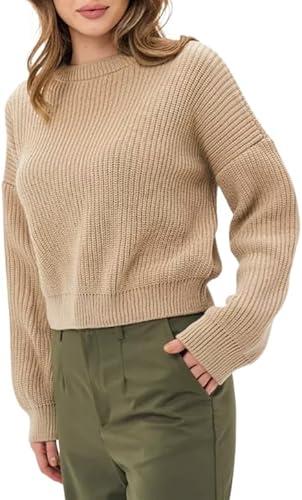 LAPUNIOT Women's Pullover Sweaters Crewneck Long Sleeve Chunky Cable Knit Pullover Sweater Cropped Sweaters Fall Outfits Medium