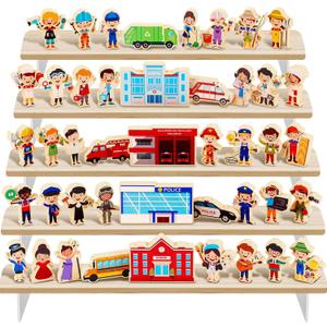 44 PCS Wooden Community Helpers Wood Blocks Little People Figures Occupational Cars Buildings Pretend Play Toys Multicultural Career Character Educational Social Preschool Learning for Kids