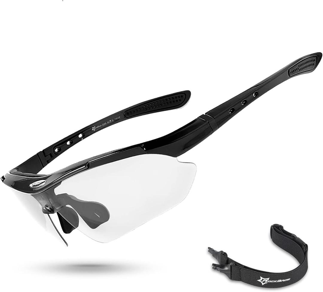 ROCKBROS Photochromic Sports Sunglasses Mens Pickleball Glasses Cycling Glasses MTB Sunglasses, with Removable Elasctic Band