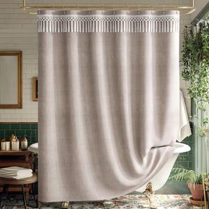 AmazerBath Tan Shower Curtain Boho, Taupe Boho Farmhouse Shower Curtain with Tassels, Faux Linen Fabric, Water-Repellent Neutral Fabric with Hooks, 72x72 Inches (Solid Taupe - Top Tassels)