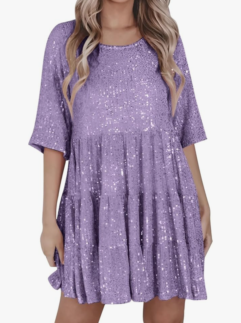 Sparkly Glitter Dress, Sequin Babydoll Summer Dress Short Flowy Tiered Tunic Dress for Women Party Club Night, Size Large