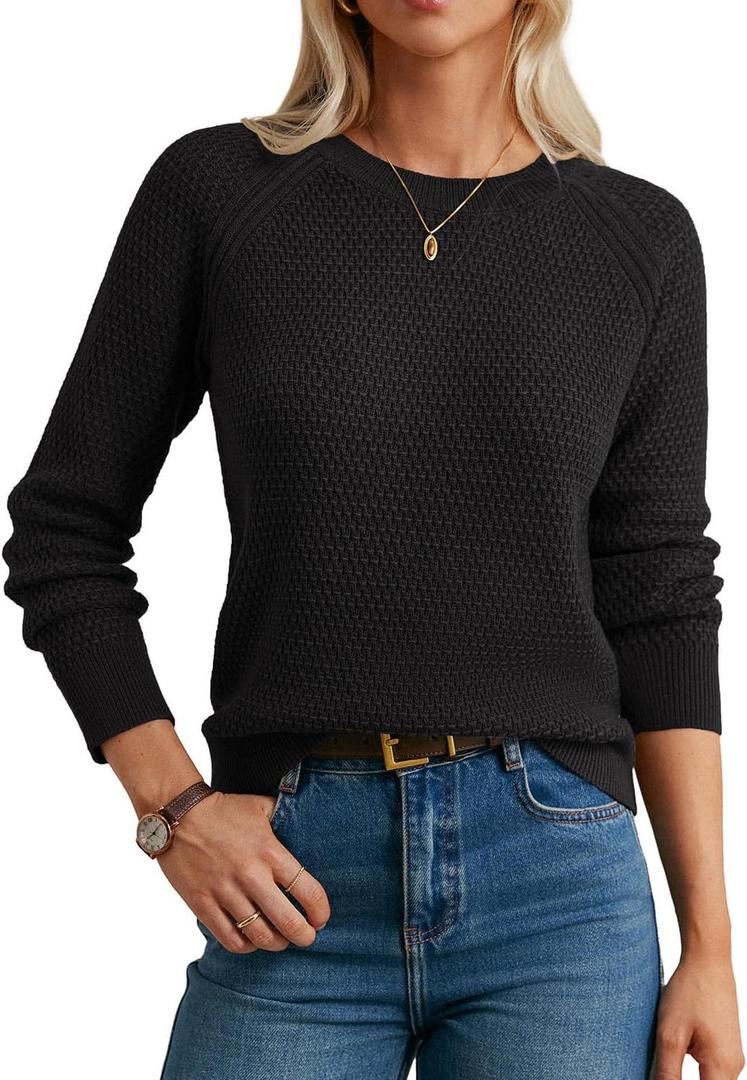 GRACE KARIN Women's Fall Knit Sweater Top, Long Sleeve Merino Wool Blend Pullover, Casual Crewneck Waffle Clothes 2025 (Black) XL