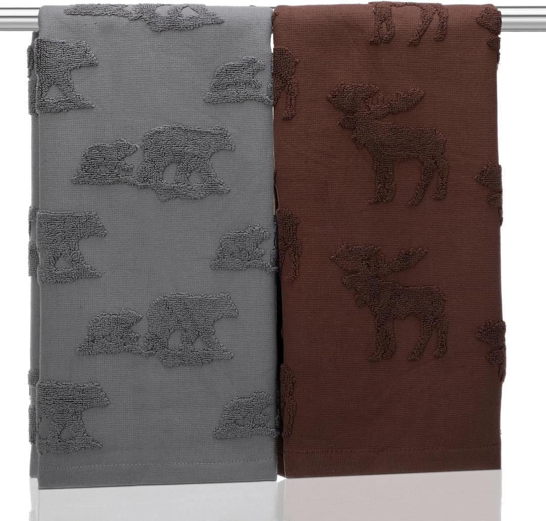 2 Pcs Christmas Hand Towels for Bathroom 3D Reindeer and Bear 29.5 x 13.7 in Jacquard Towel 100% Cotton Weave Bath for Winter Xmas Kitchen Decor