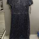 Adrianna Papell Womens Short-Sleeve Grid Beaded Gown (Blue, 14)