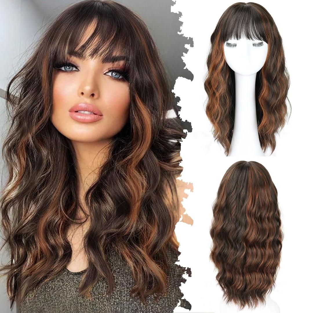 Brown Highlight Medium Long Wavy Wigs for Women 20inch Highlight Brown Wig with Bangs-Shoulder Length Wavy Curly Synthetic Heat Resistant Fiber Full Hair For Daily Use