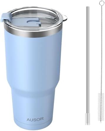 AUSOR 30 oz Tumbler with Lid and Straw, Water Bottle, Insulated Stainless Steel Tumbler for Hot & Cold, Coffee Travel Mug Cups Reusable Blue