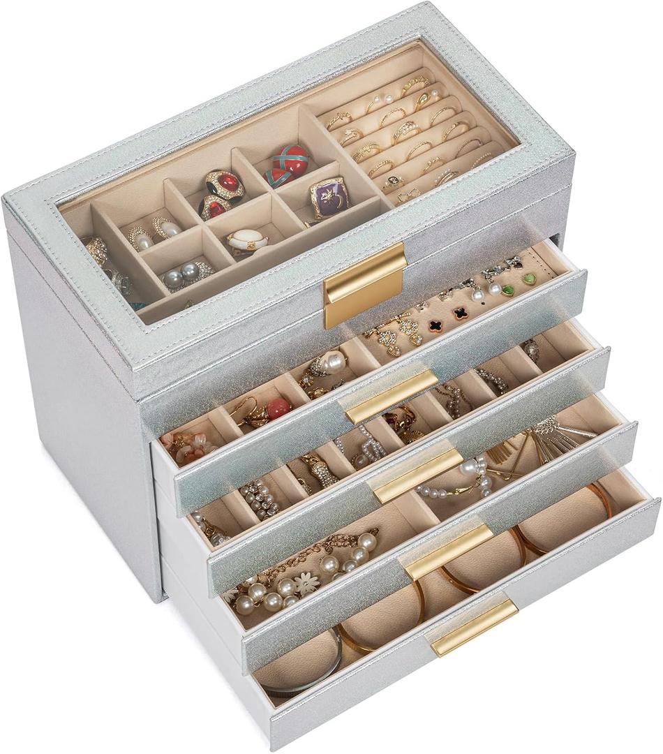 AKOZLIN 5-Tier Jewelry Box with Clear Glass Lid Functional Leather Jewelry Storage Organizer Case 4 Drawers for Women Girls Necklace Ring Bracelet Earring (Sparkling Silver)