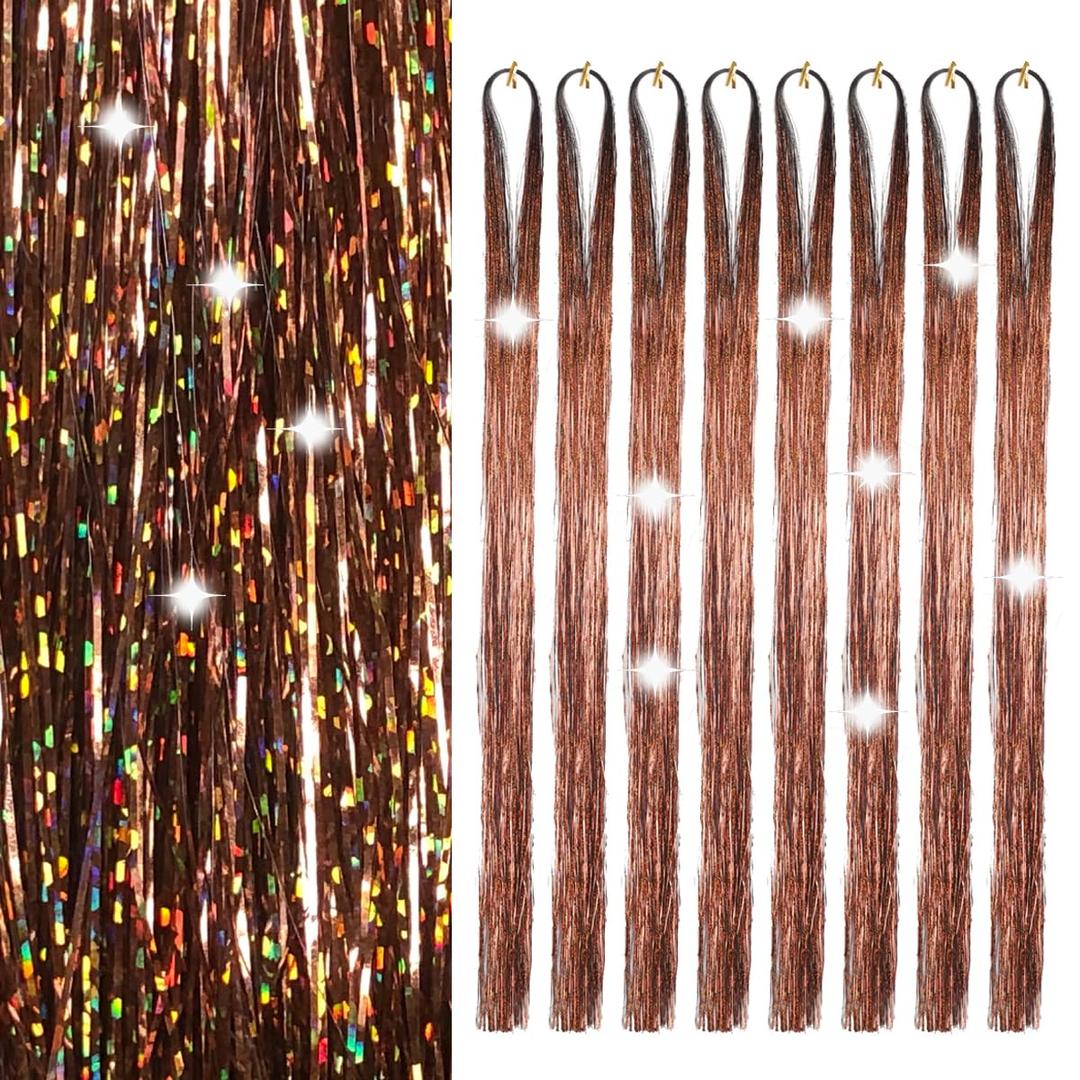 Hair Tinsel 8 Packs 1600 Strands 50 Inch Tinsel Hair Extensions Brown Heat Resistant Glitter Sparkling Shinny Fairy Hair Accessories for Women(Brown, 50Inch)