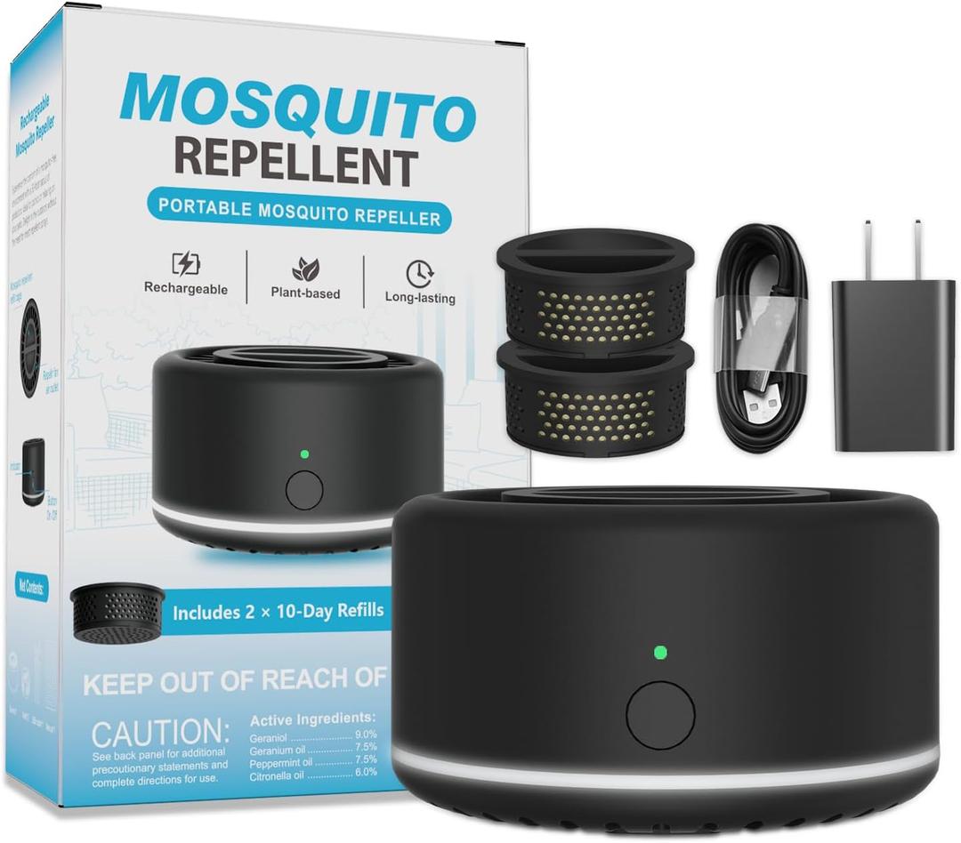 Virine Mosquito Repellent Outdoor Patio, Rechargeable Mosquito Repeller with UL Adapter, Plant-Based Citronella Peppermint Refills, Portable Bug Repellent for Backyard Camping Deck, Night Light