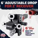 Vehiclex 6" Adjustable Drop Hitch for 2" Receiver, Heavy-Duty Tri-Ball & Tow Hook with Keyed-Alike Pin Locks for SUVs & Light-Duty Trucks, Solid Steel Design