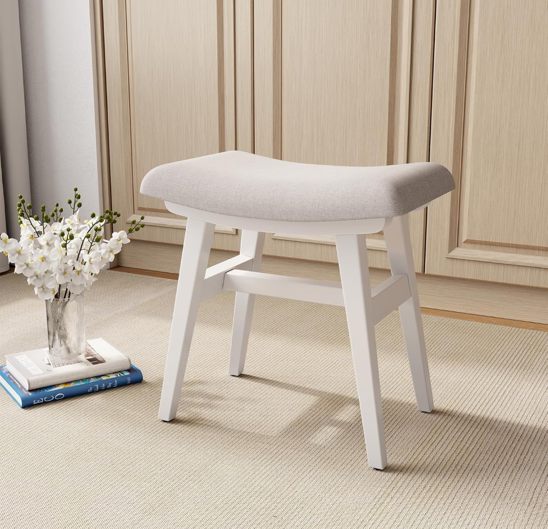 KASLANDI Solid Wood Vanity Bench, Saddle Cushion with High-Strength Rebound Sponge, Easily Assembly, Makeup Stool for Bedroom, Entryway (White)