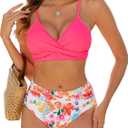 Edelqual Women's High Waisted Bikini Sets Two Piece Swimsuit Tummy Control Bathing Suit V Neck Swimwear 2025 Swim Suit (Large, Pink Floral)