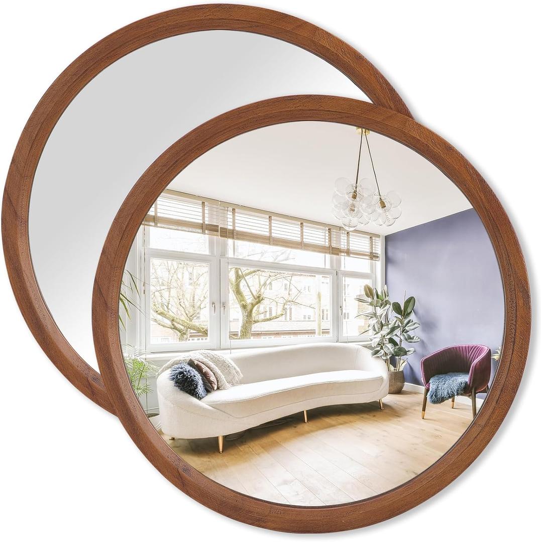 MAGFLERUM 17" Round Wood Mirror Set of 2 - Small Circle Nursery Boho Wall Mirror, Decor for Bedroom, Living Room, Hallway (Brown)