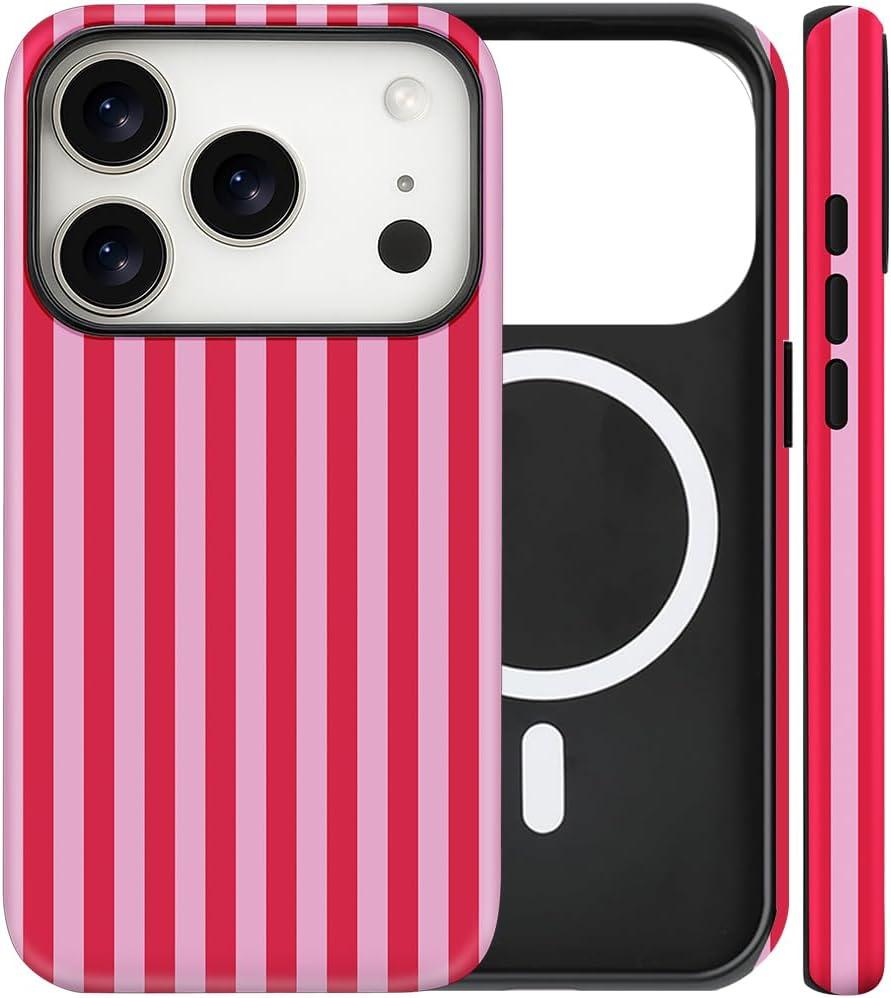Magnetic for iPhone 17 Pro Max Case Cute Stripes Phone Case, Shockproof Slim TPU and Hard PC Protective Phone Cover Compatible with MagSafe Designed for Women Girls, Red and Pink