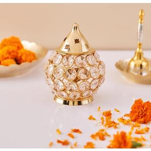 Brass Akhand Pooja Diya for Diwali Crystal Oil Lamp Decorative Brass Deepam with Premium Stones for Diwali Perfect for Deepawali Decoration - Golden